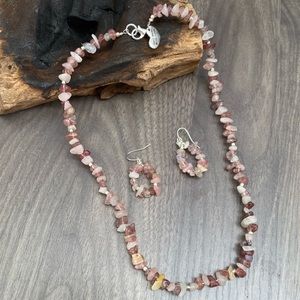 Handcrafted Chipped Strawberry Quartz Necklace and Drop Earring Set